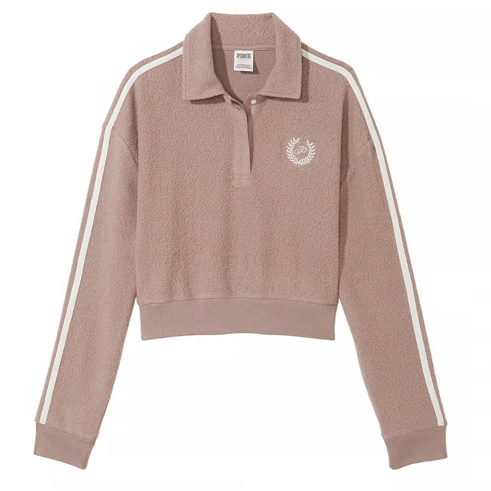 PINK REVERSE FLEECE CROPPED POLO SWEATSHIRT